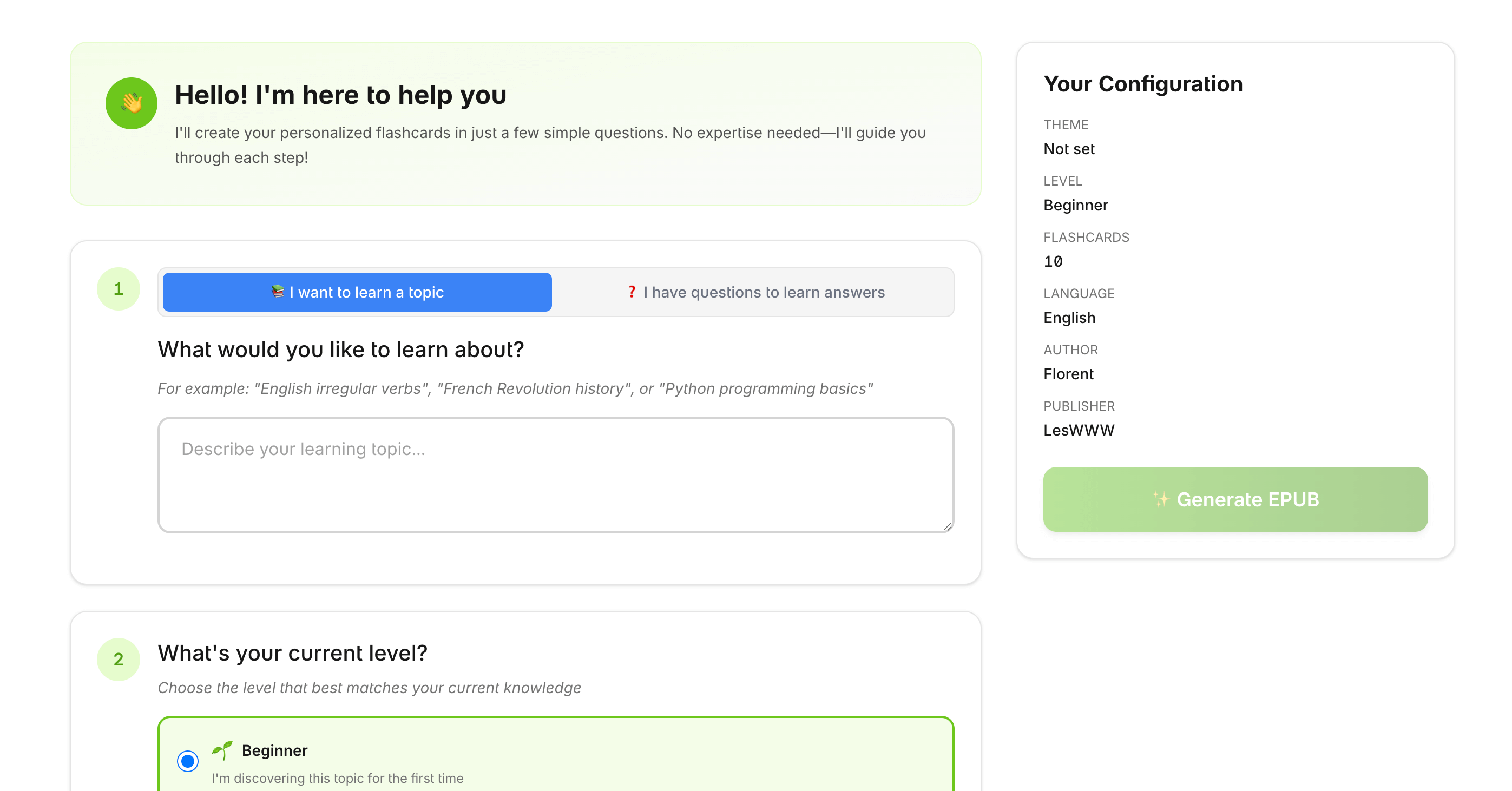 Flashcards Club generation interface